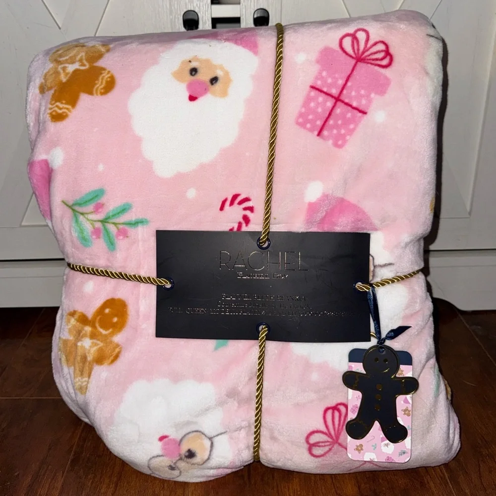 Rachel Roy Pink Gingerbread & Santa Christmas Queen Plush Throw Blanket